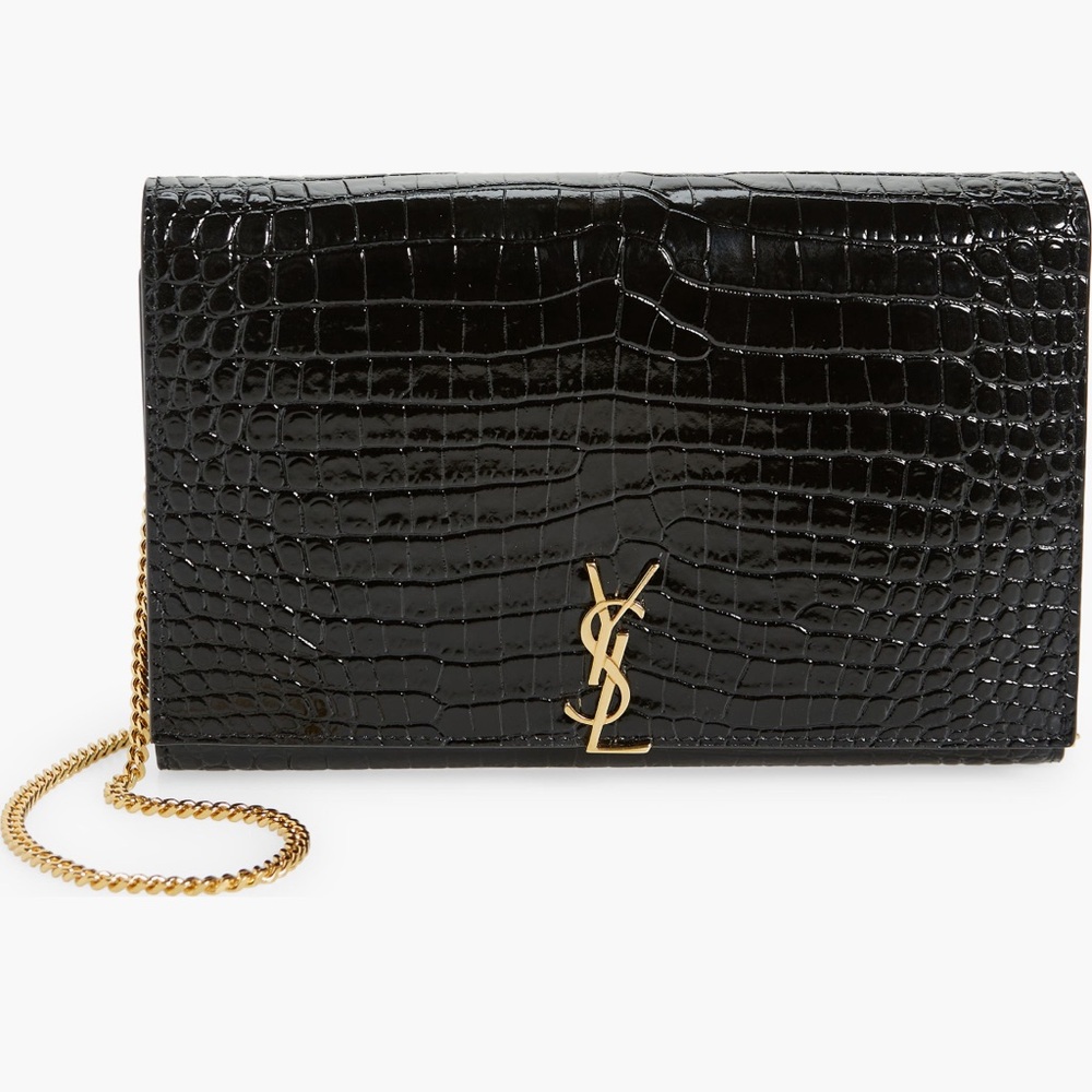 Saint Laurent Black Croc-Embossed leather wallet on a chain